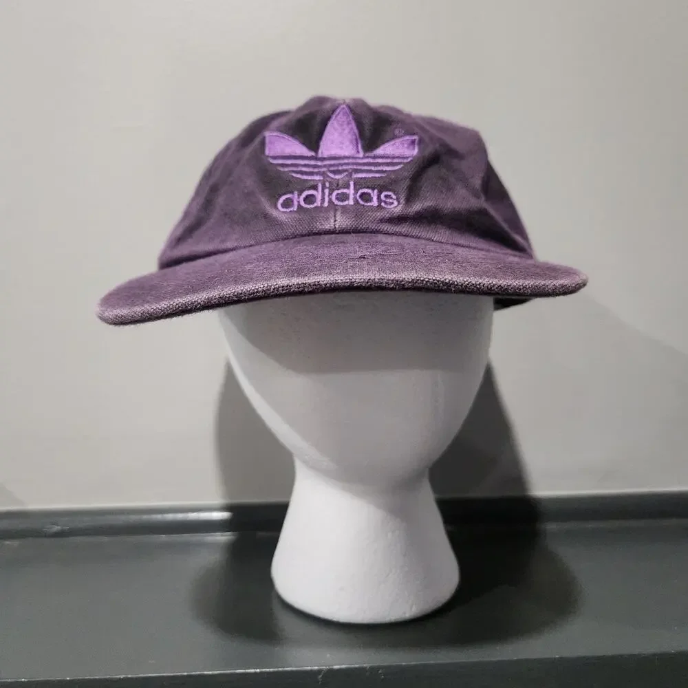 VTG 80s Adidas Trefoil‎ Purple Canvas Spellout 1980s Hat Cap OSFA One Size